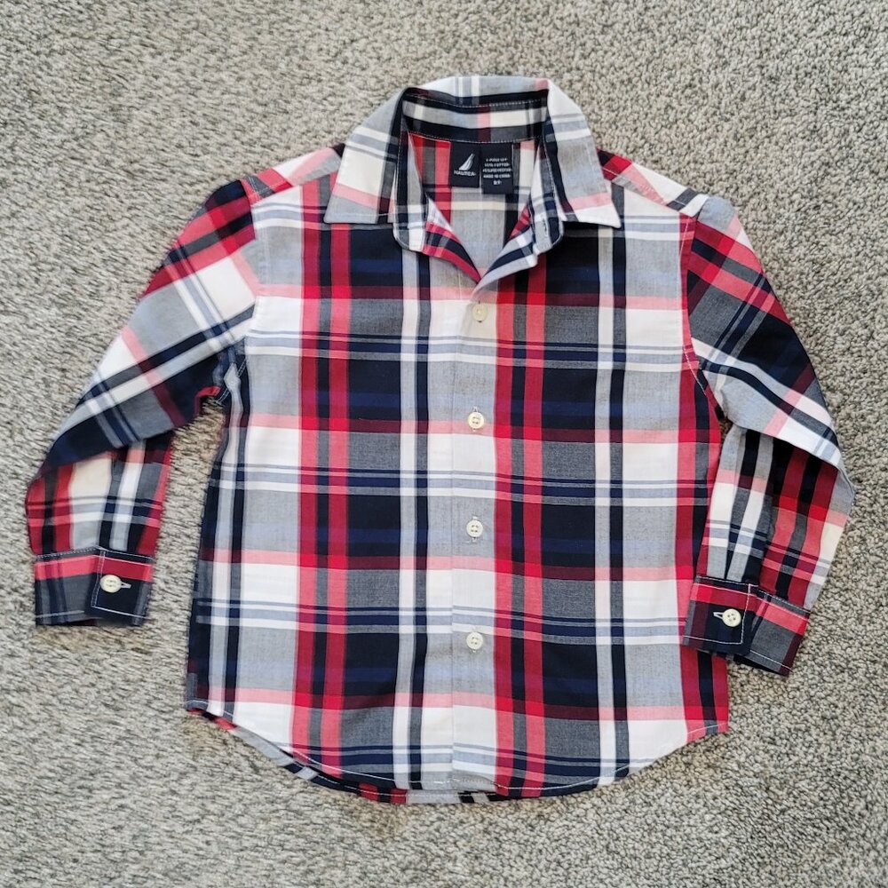 Boys Nautica Blue & Red Plaid Button Down 3T, Nice Condition,